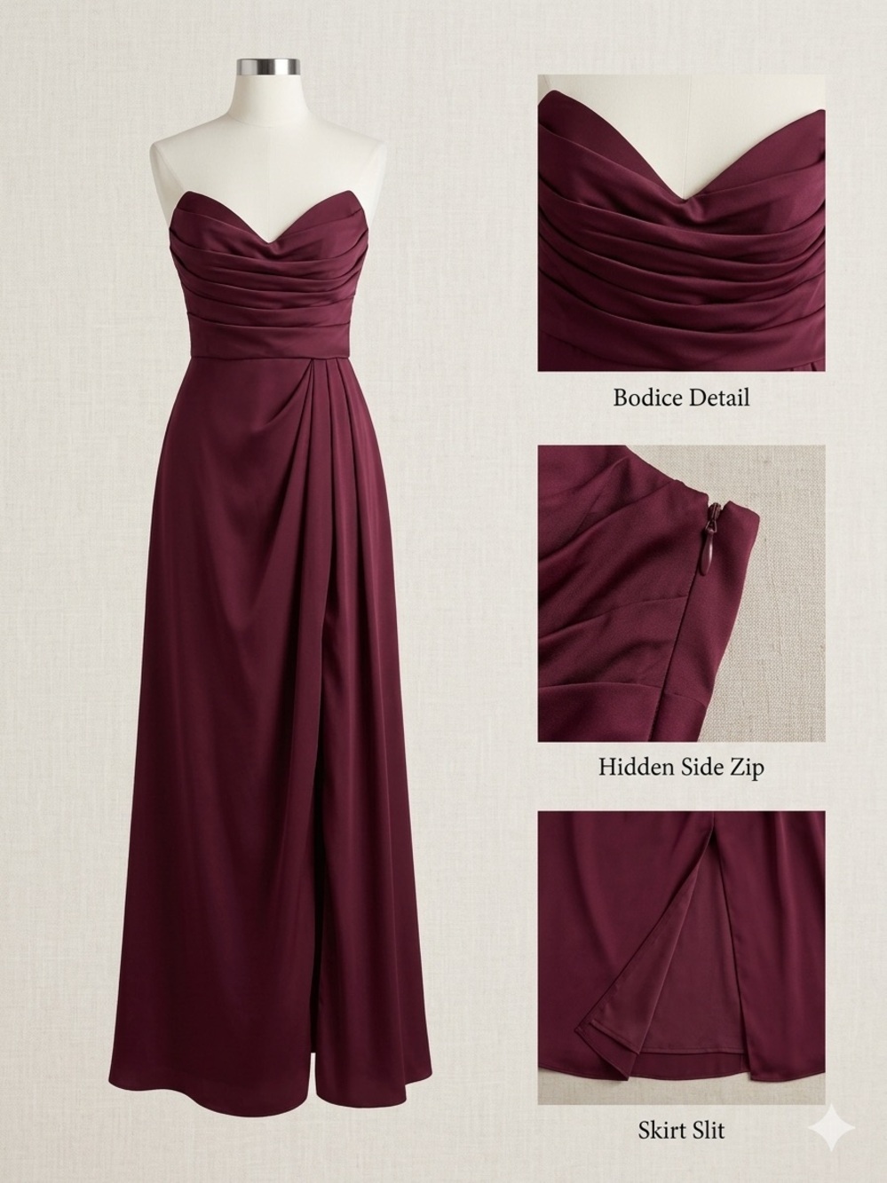 Strapless Burgundy Ruched Bodice Evening Gown